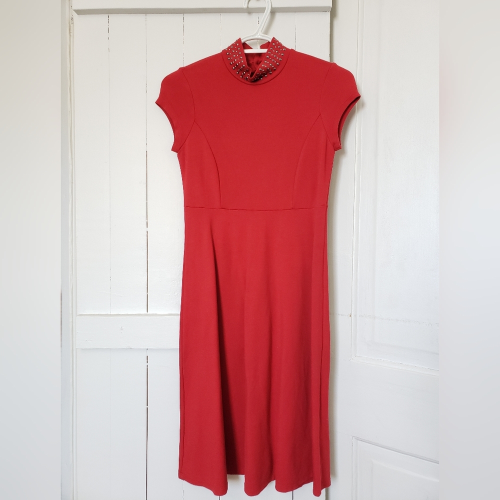 Red Studded Collar A-Line Dress